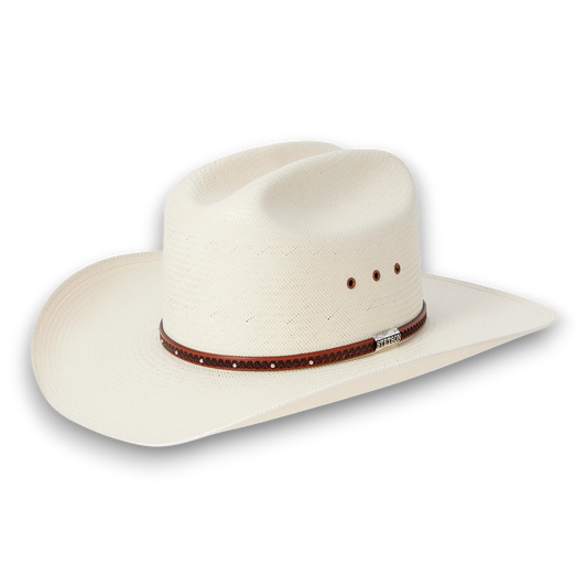 Rafter M Hat Company white straw cowboy hat with teardrop crown, wide brim, and decorative leather hatband.